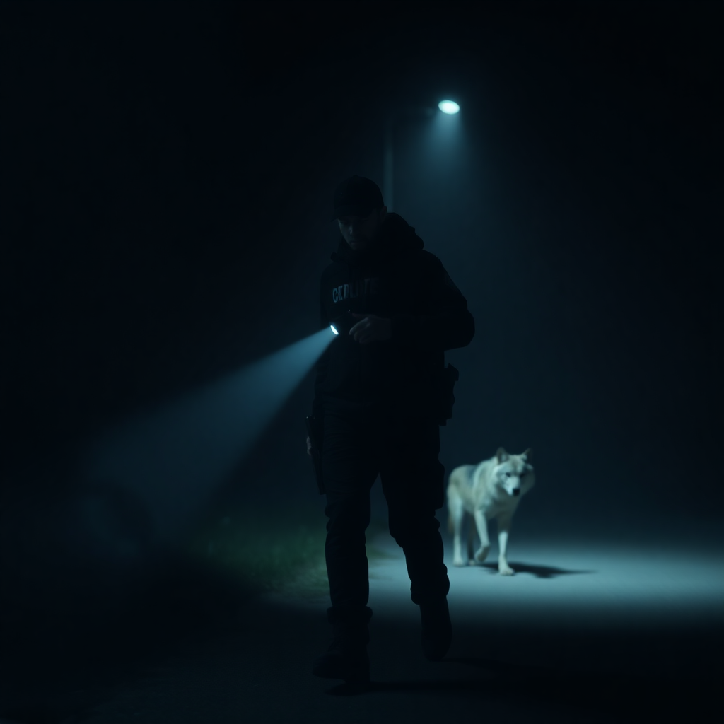 Security guard patrolling at night